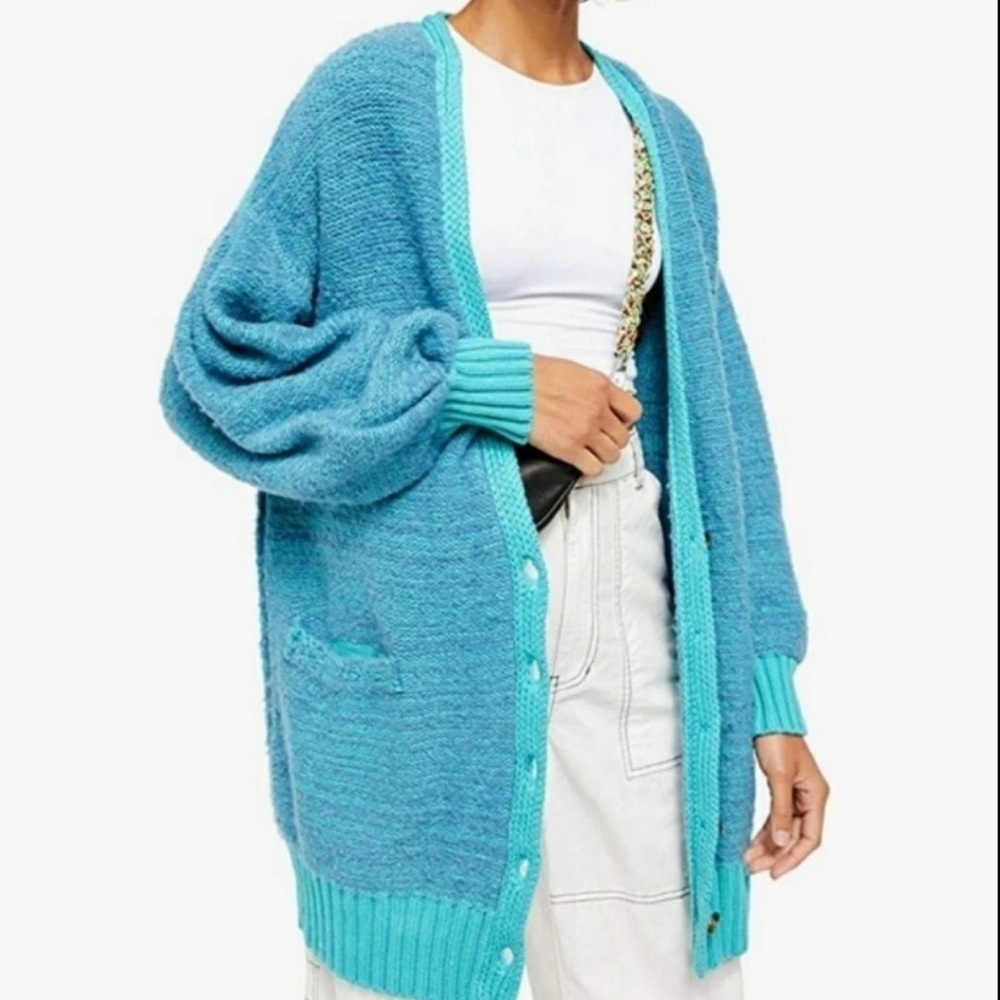 New Free People Snow Drop Cardigan Sweater in Blue Nile Oversized Size XS